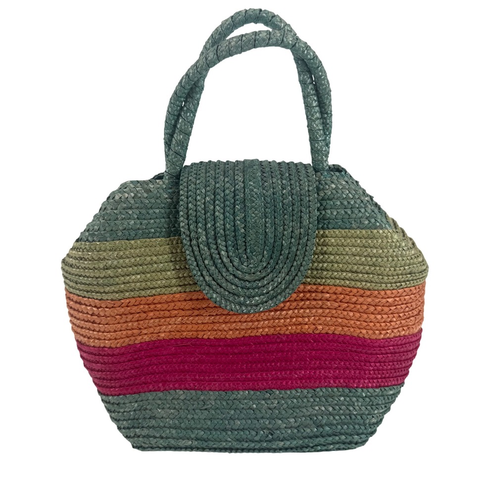 Woven Straw Striped Handbag Teal Green Orange Pink Magnetic Flap Tote Bag